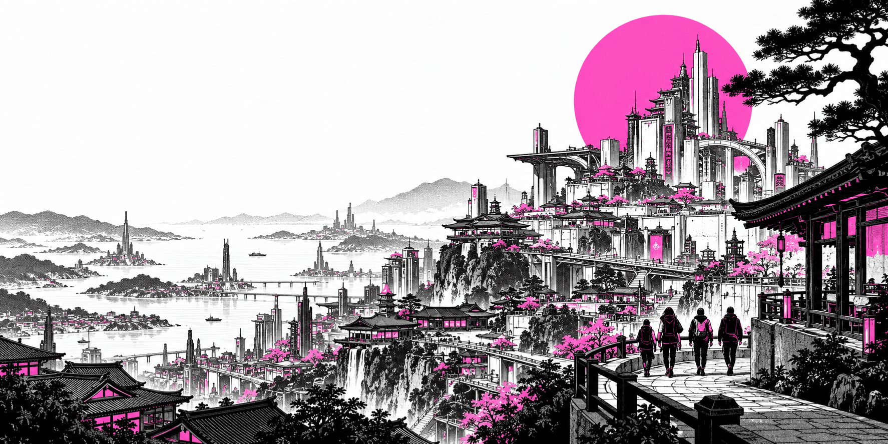 Illustrierte japanische Zukunftsstadt in Schwarz, Weiß und Magenta mit einer Gruppe auf einer Terrasse